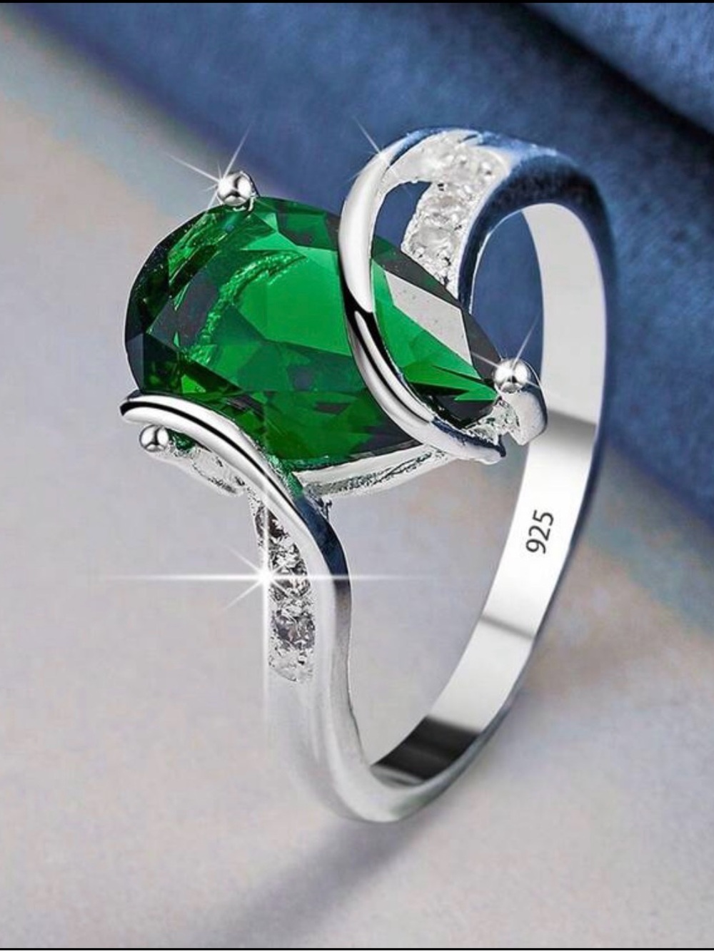 Sterling Silver 925 Water Drop Emerald Ring 7